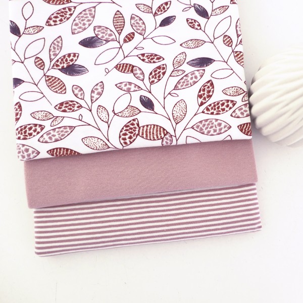 Jersey Stoffpaket, Blätter, Zweige, Ringel, Bündchen Altrosa