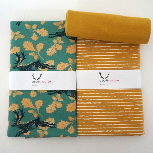 Stoffpaket Jersey, Natural Stamp, Hirsche, Linien Senf Bündchen