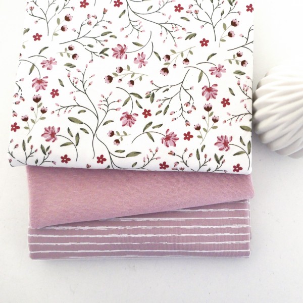 Jersey Stoffpaket, Blumenranken, Ranken, Linien, 50cm Bündchen Softrose