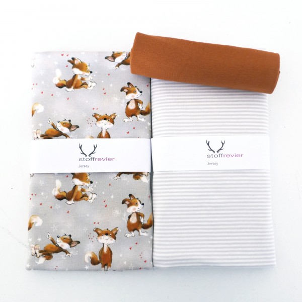 Stoffpaket Jersey 'freche Füchse' Grau, Ringel, 50cm Bündchen Ocker
