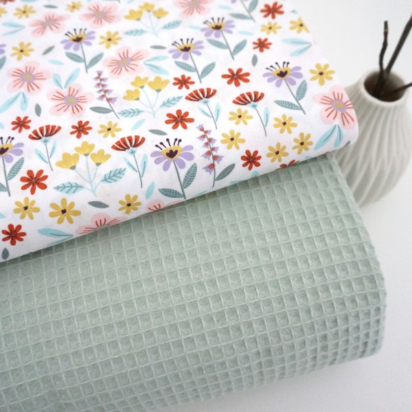 Stoffpaket, Baumwolle, Waffelpiqué Mint, Blumenwiese, Pastell