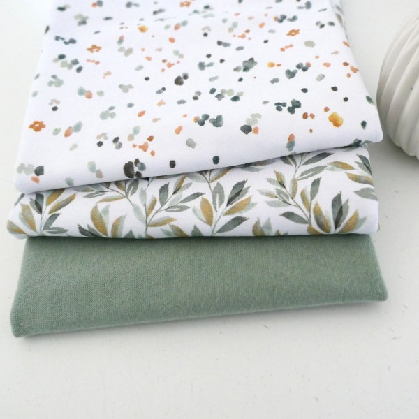 Stoffpaket Jersey Blätter, Zweige, Kleckse, Salbei, 50cm Bündchen