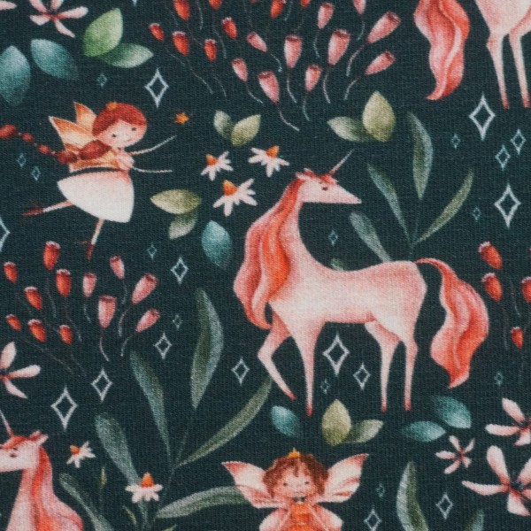 Jersey, Egge, Blumenelfen, Einhörner, Petrolgrün swafing, Meterware