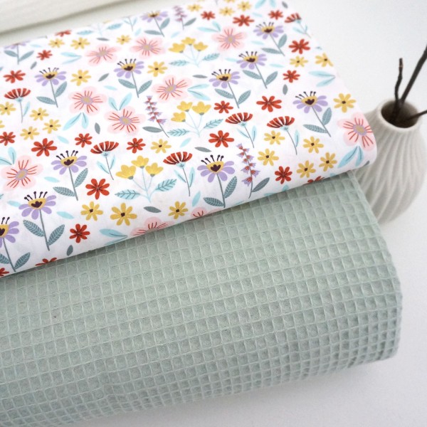 Stoffpaket, Baumwolle, Waffelpiqué Mint, Blumenwiese, Pastell