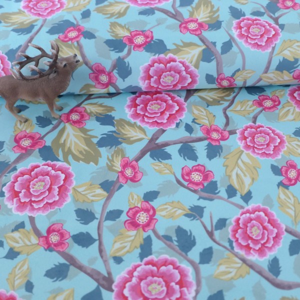 Samt, Boho Velvet, große Blüten, Äste, Mint, Pink, swafing, Meterware