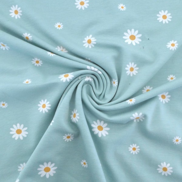 Jersey Margheritenblüten Mintblau, Weiß, Meterware