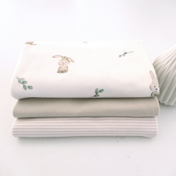 Jersey Stoffpaket, kleine Hasen, Ringel Creme, 50cm Bündchen