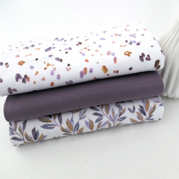 Stoffpaket Jersey Blätter, Zweige, Kleckse, Mauve, Bündchen