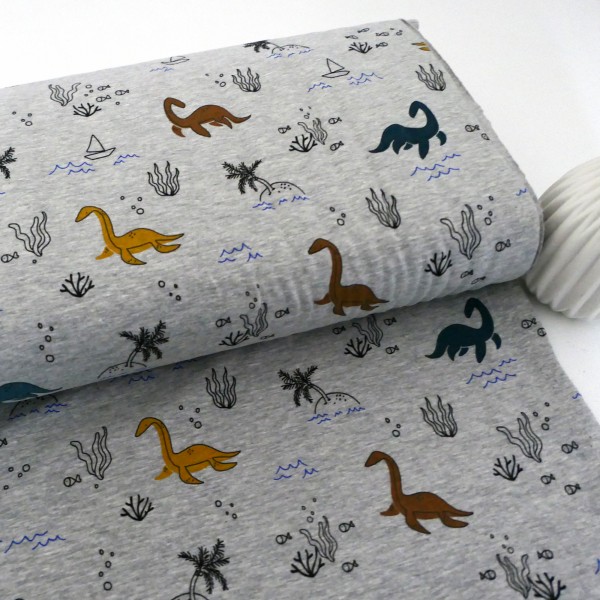 Jersey 'Dinosaurier', Hellgrau meliert, Bunt, Meterware