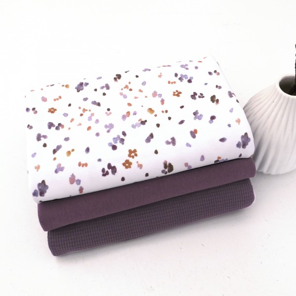 Stoffpaket Jersey, Kleckse Mauve, Waffeljersey und Bündchen Mauve